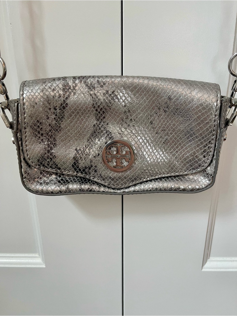Tory Burch silver snake skin evening bag